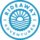 A teal circle with a white background with text within the circle and a minimalist outline of waves and rising sun in the center of the circle.