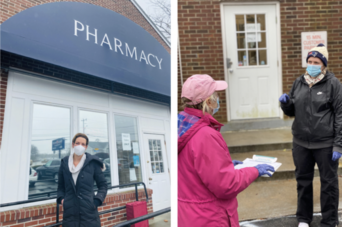On the left, a woman standing in front of a pharmacy. On the right, two people in masks outside of a building.