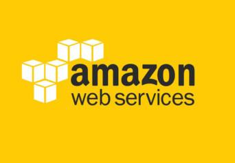 Yellow slide with white boxes and the text "amazon web services"